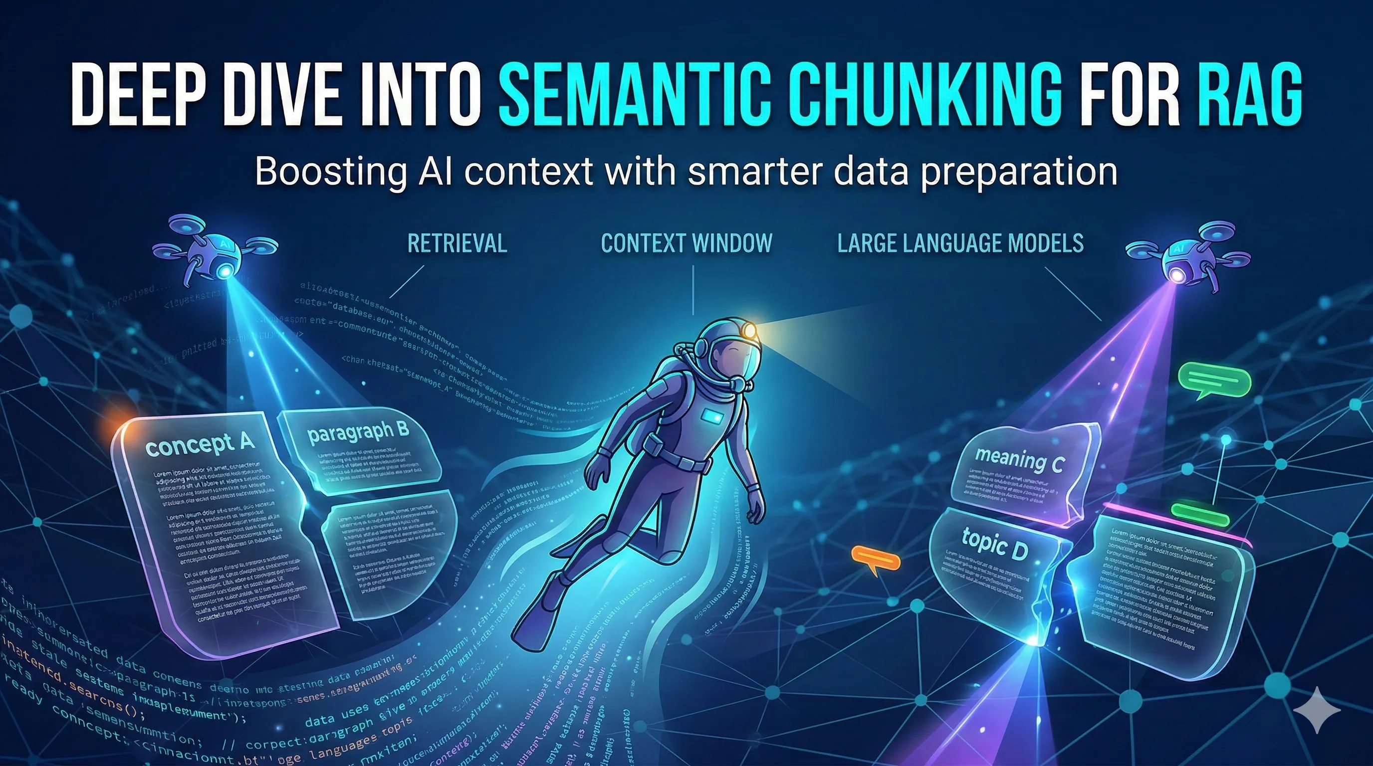 Semantic chunking for RAG blog post cover featuring a digital scuba diver navigating through glowing data blocks, illustrating AI context window preparation and data retrieval.