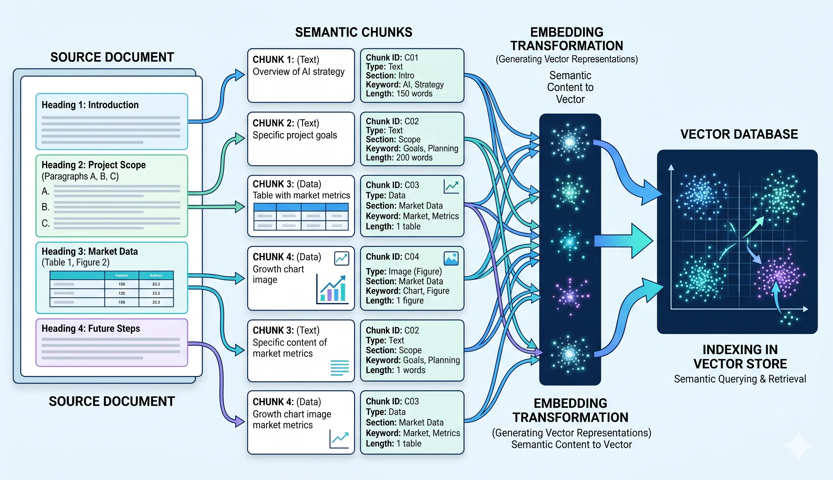 Docling semantic chunking pipeline breaking structured document sections into metadata-tagged chunks for vector database ingestion
